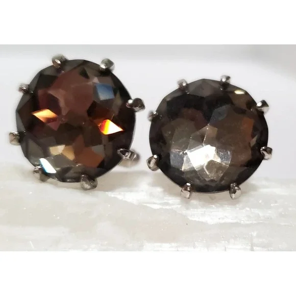 VTG Cuff Links Smoky Gray Crystal Stones Prong Set Faceted Shiny .75" Size Round - Picture 7 of 10